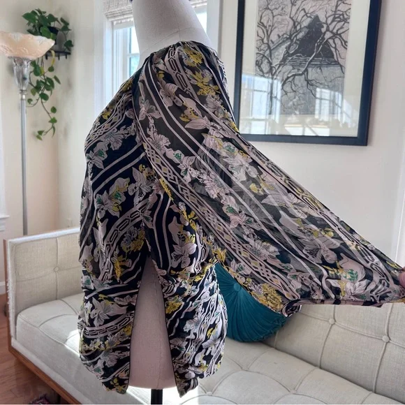 Diane Von Furstenberg Black Floral Sheer Blouse with Yellow & Green Accents - Picture 5 of 6